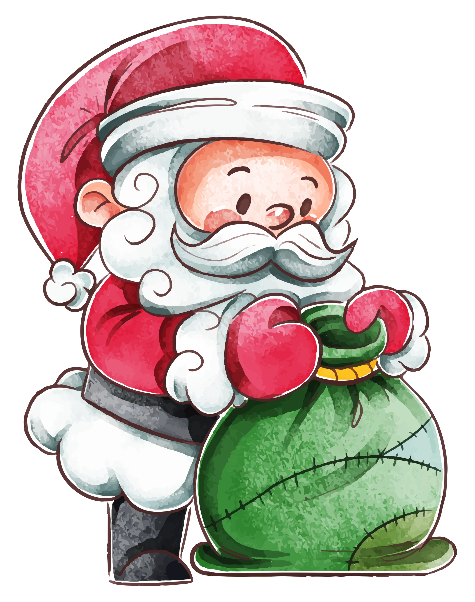 Whimsical Christmas Cheer: Adorable Santa Claus Clipart with Festive Green Bag