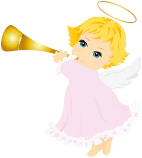 Adorable Little Angel Blowing Golden Horn Clipart with Soft Pink Dress