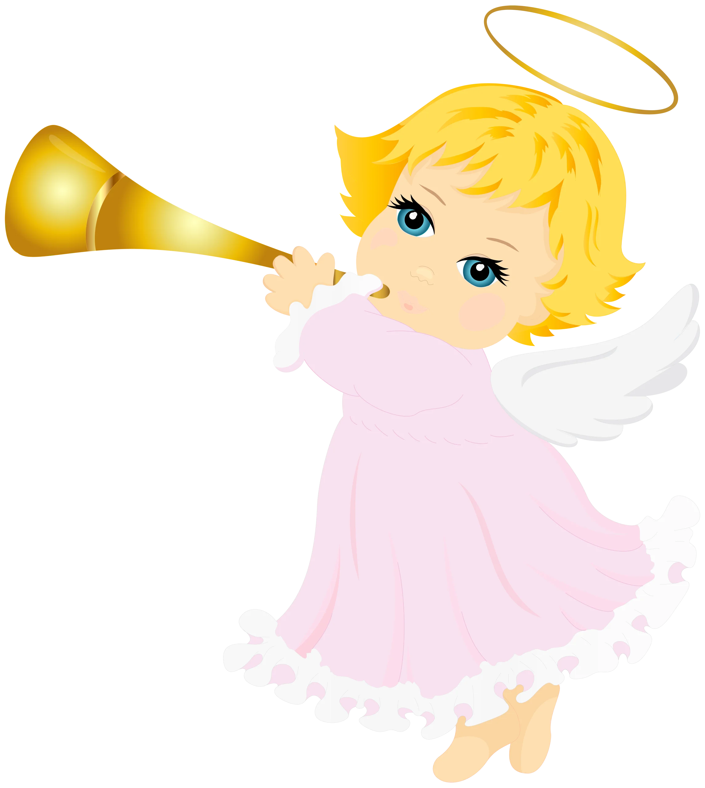 Adorable Little Angel Blowing Golden Horn Clipart with Soft Pink Dress