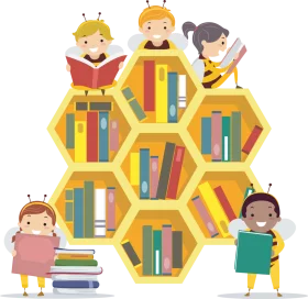 Cheerful Children Exploring Hexagonal Honeycomb Library Clipart Design
