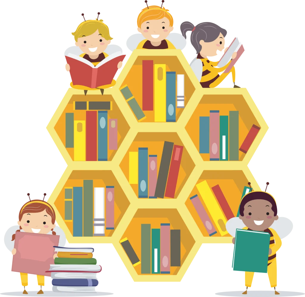 Cheerful Children Exploring Hexagonal Honeycomb Library Clipart Design