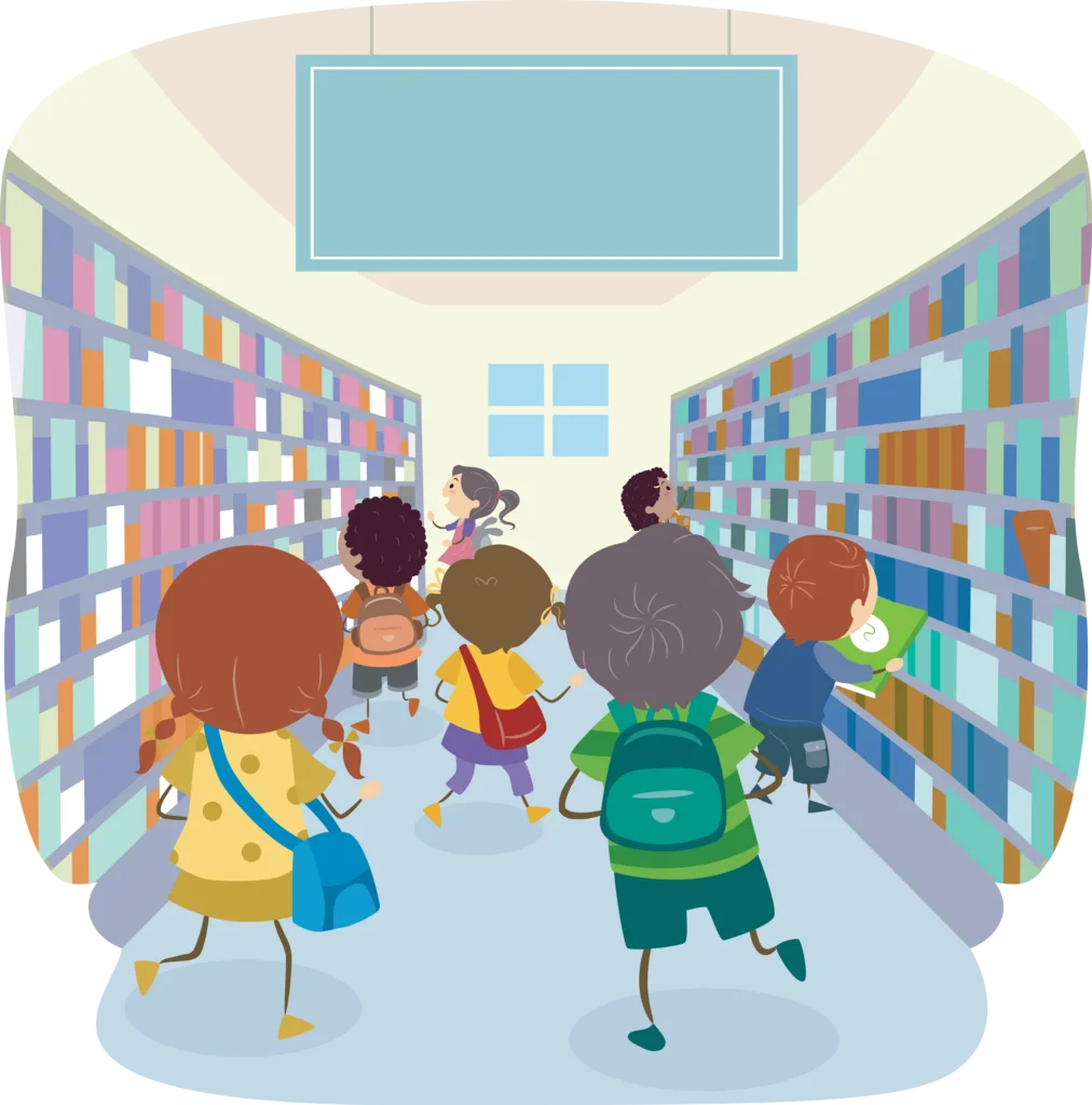 Cheerful Children Exploring Knowledge Shelves: Library Adventure Clipart