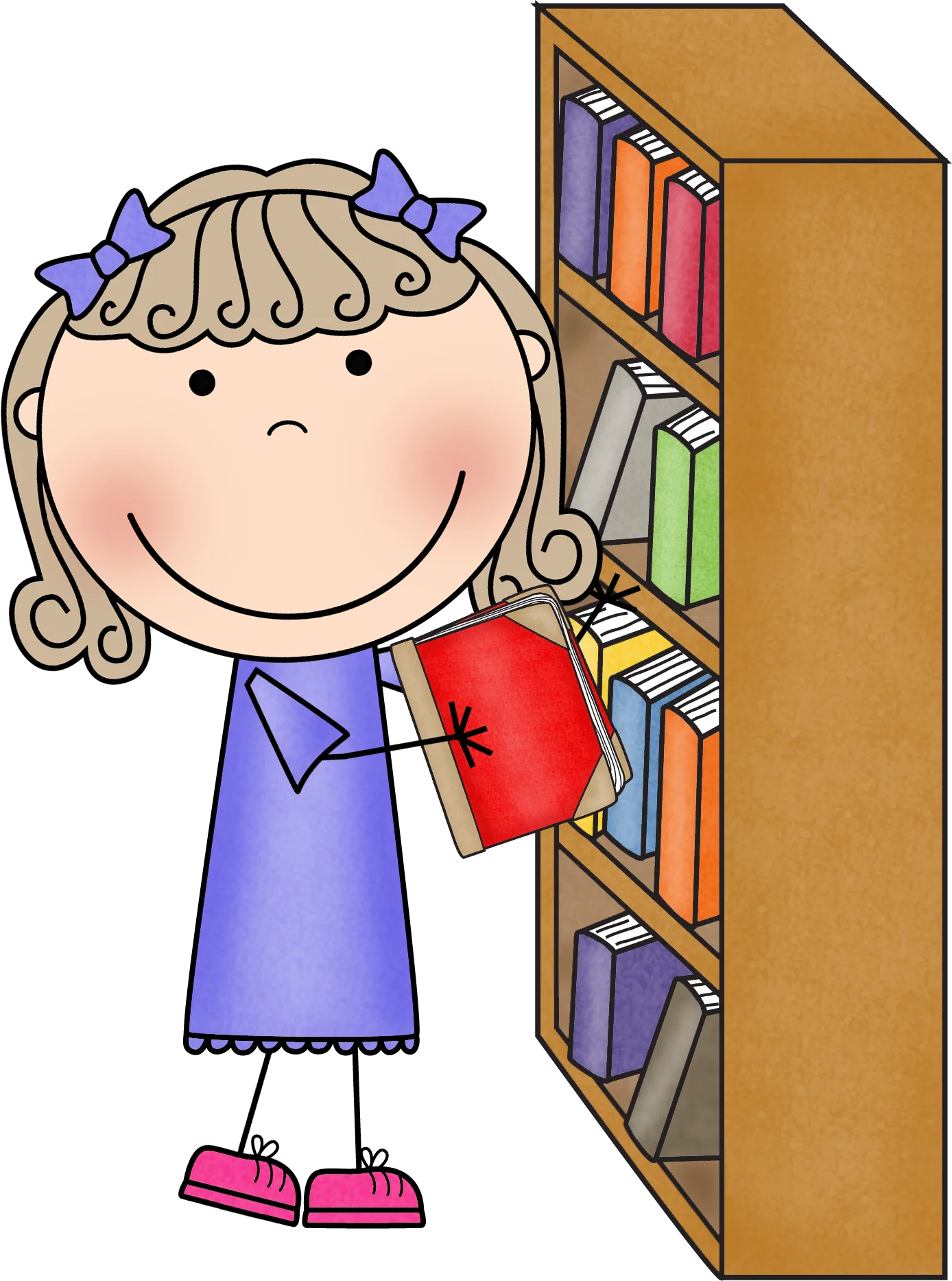 Cheerful Young Student Selecting a Book from Colorful Library Shelves Clipart
