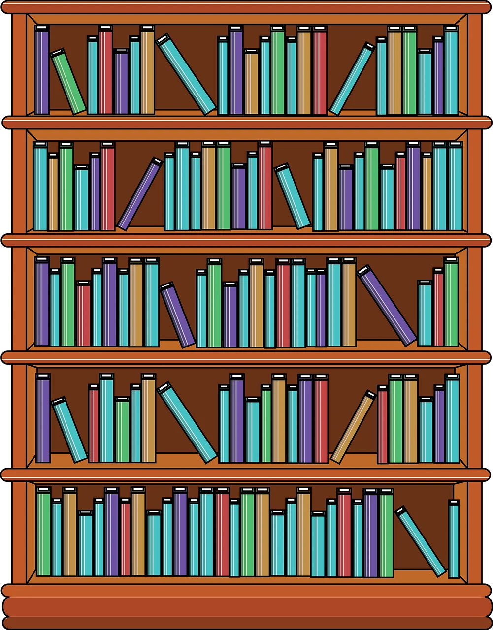 Classic Wooden Bookshelf Clipart with Colorful Book Spines Neatly Arranged