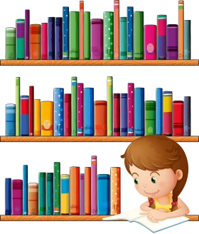 Colorful Bookshelf Clipart with Studious Child Reading and Learning