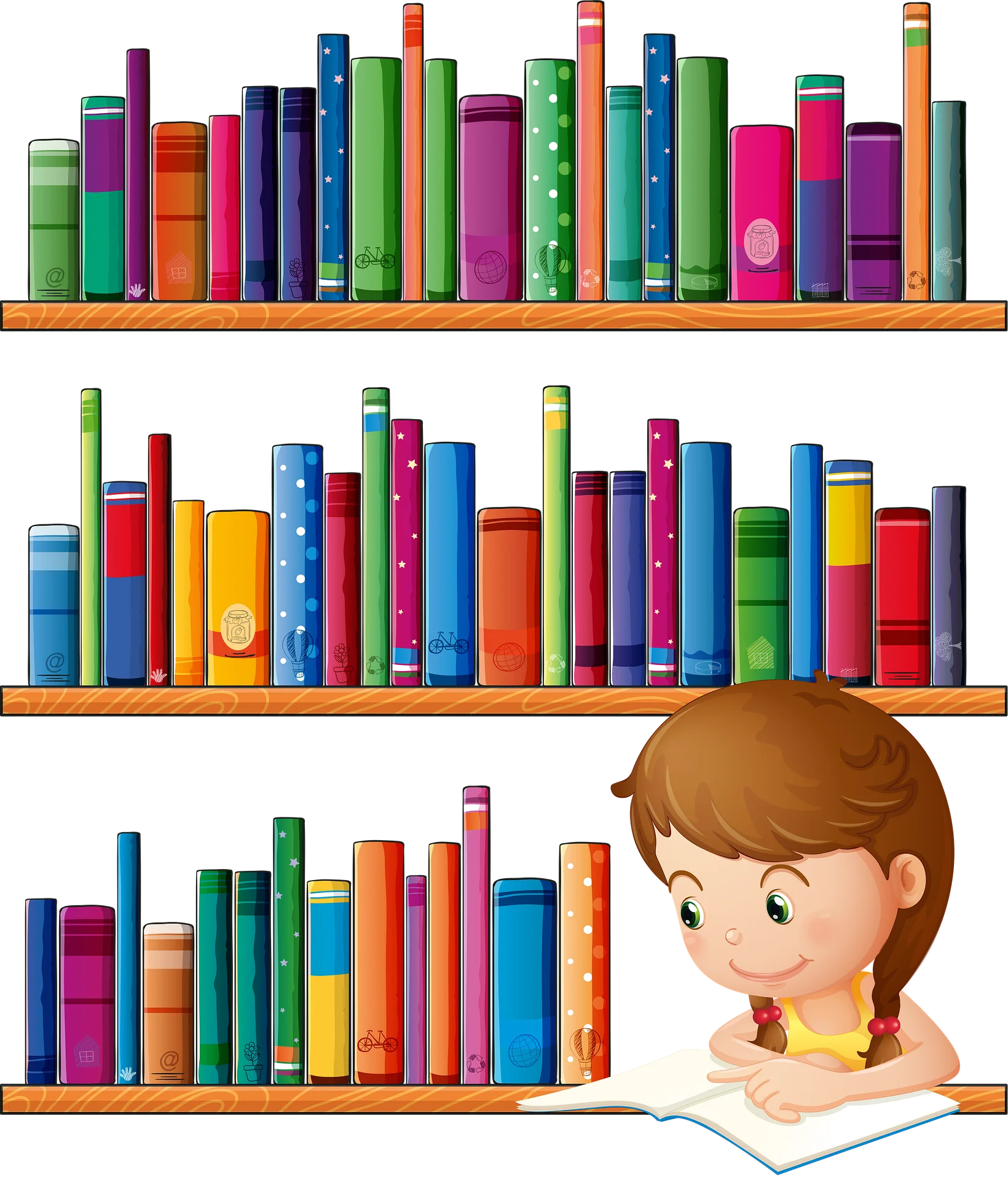 Colorful Bookshelf Clipart with Studious Child Reading and Learning