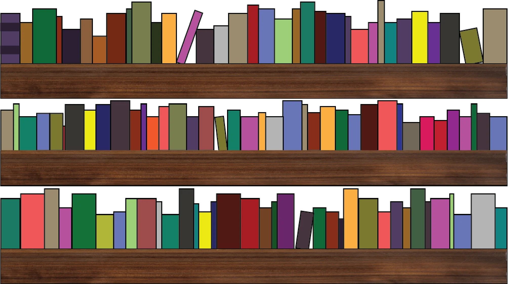 Colorful Library Bookshelf Clipart: A Stylized Collection of Book Spines and Shelves