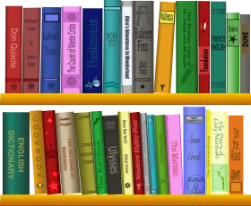 Colorful Library Bookshelf Clipart Illustration with Vintage and Modern Book Spines