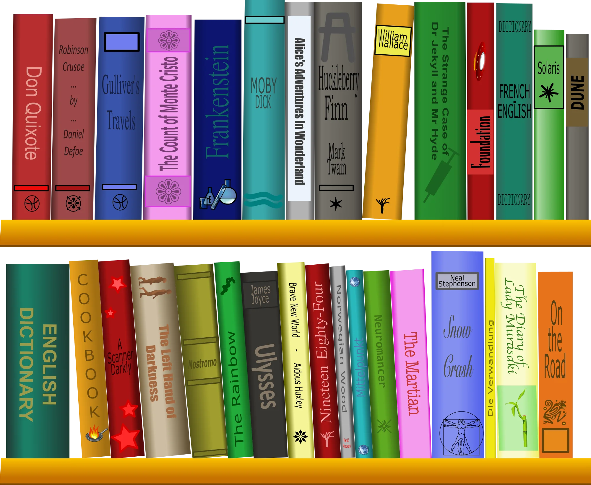Colorful Library Bookshelf Clipart Illustration with Vintage and Modern Book Spines