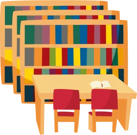Colorful School Library Study Nook Clipart Illustration with Bookshelves