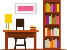 Cozy Home Study Corner Clipart: Minimalist Workspace with Bookshelf Design