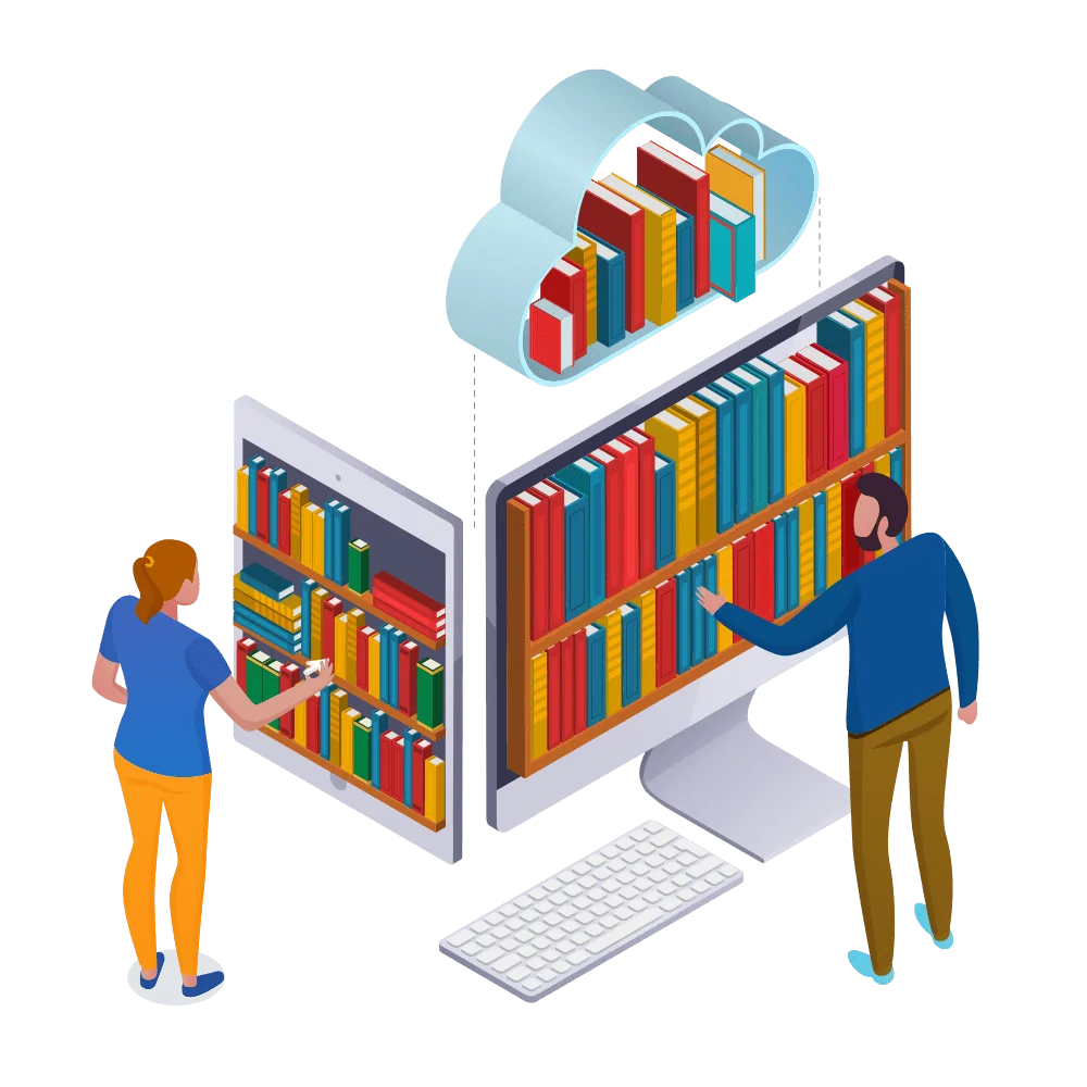 Digital Library Access: Cloud Storage and Online Book Management Clipart Illustration