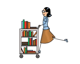 Enthusiastic Librarian Pushing Book Cart Through Library Aisle Clipart Illustration