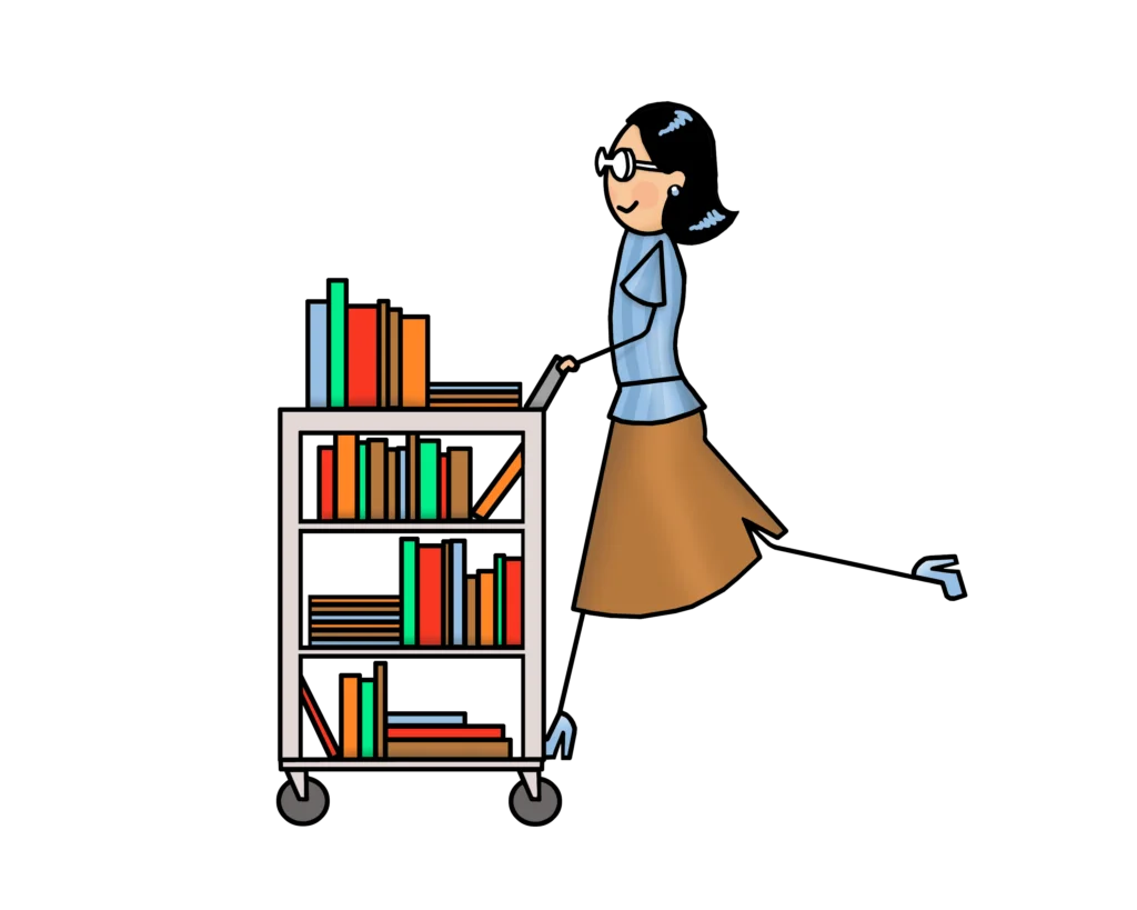 Enthusiastic Librarian Pushing Book Cart Through Library Aisle Clipart Illustration