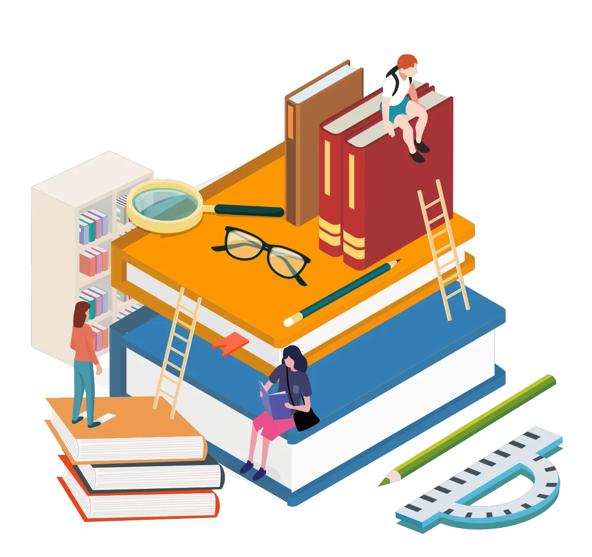 Isometric Library Exploration Clipart: Learning and Knowledge Celebration