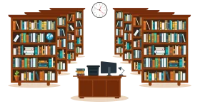 Serene Library Interior Clipart with Wooden Bookshelves and Study Desk