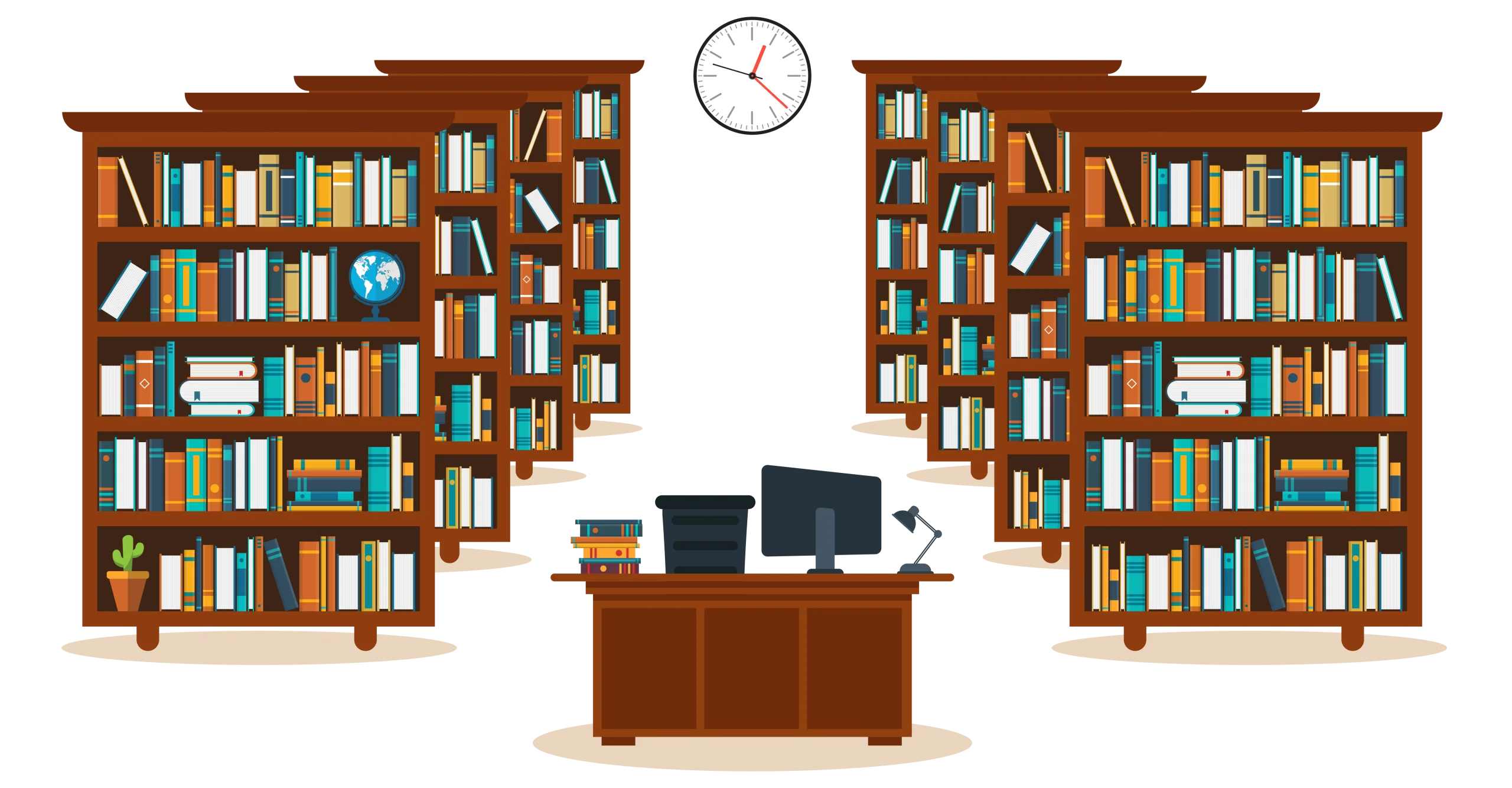 Serene Library Interior Clipart with Wooden Bookshelves and Study Desk