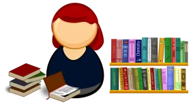 Student or Scholar Reading with Books and Library Shelves Clipart Illustration