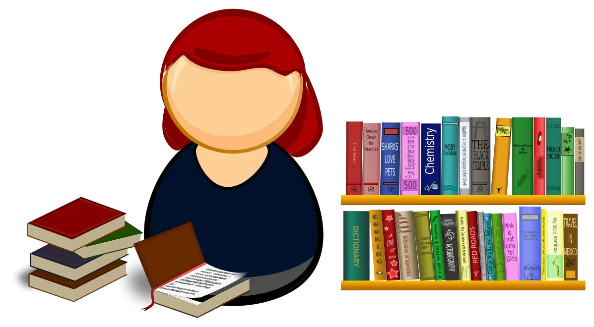 Student or Scholar Reading with Books and Library Shelves Clipart Illustration