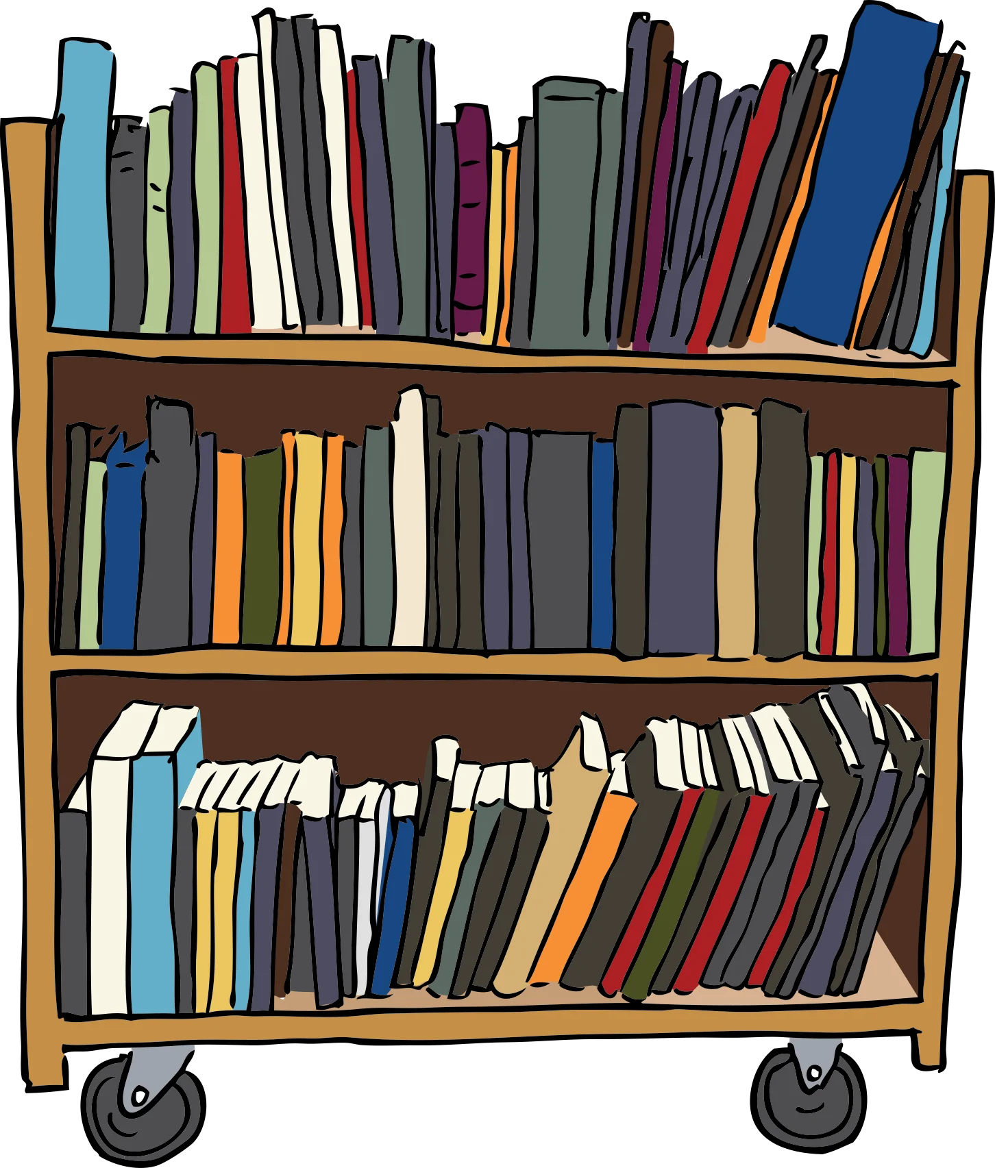 Vintage Wooden Library Book Cart Clipart with Colorful Book Collection