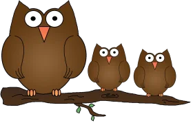 Charming Brown Owl Family Perched on Branch - Whimsical Cartoon Clipart Design