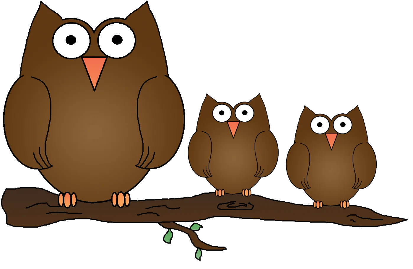 Charming Brown Owl Family Perched on Branch - Whimsical Cartoon Clipart Design