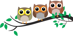 Three Adorable Cartoon Owls Perched on a Green Branch Clipart