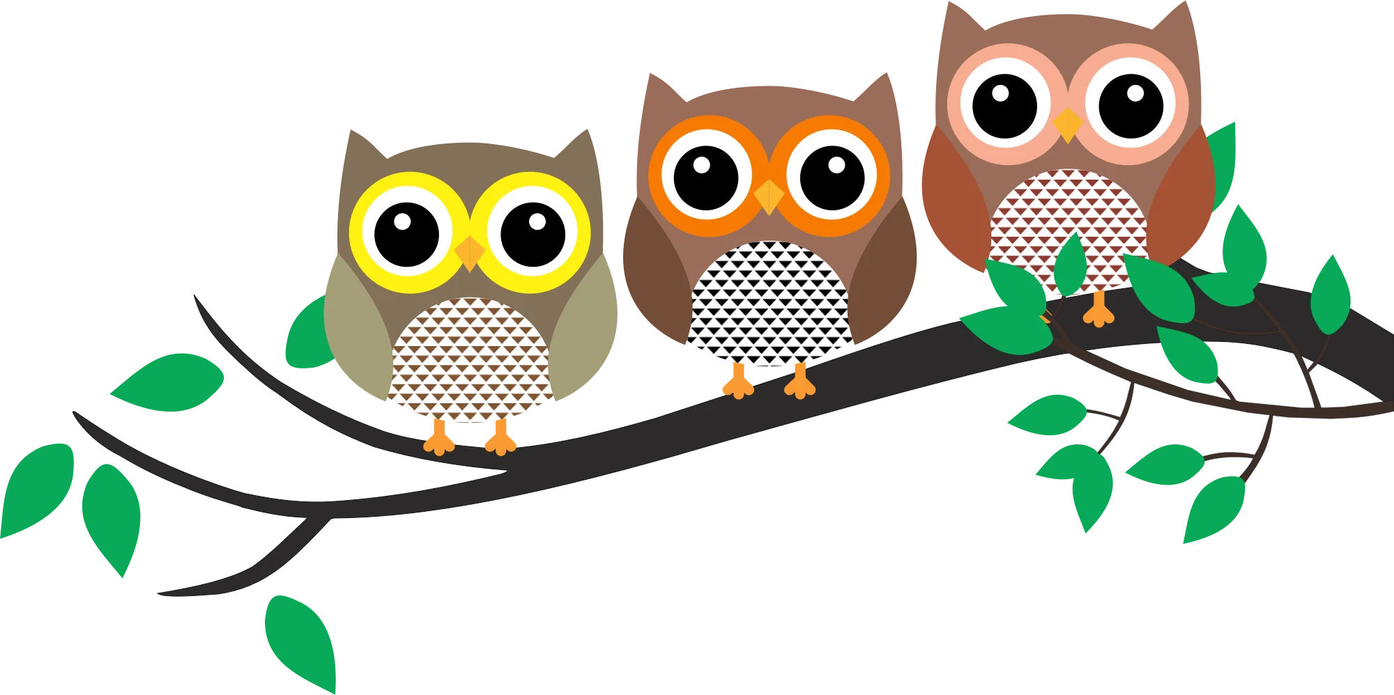Three Adorable Cartoon Owls Perched on a Green Branch Clipart
