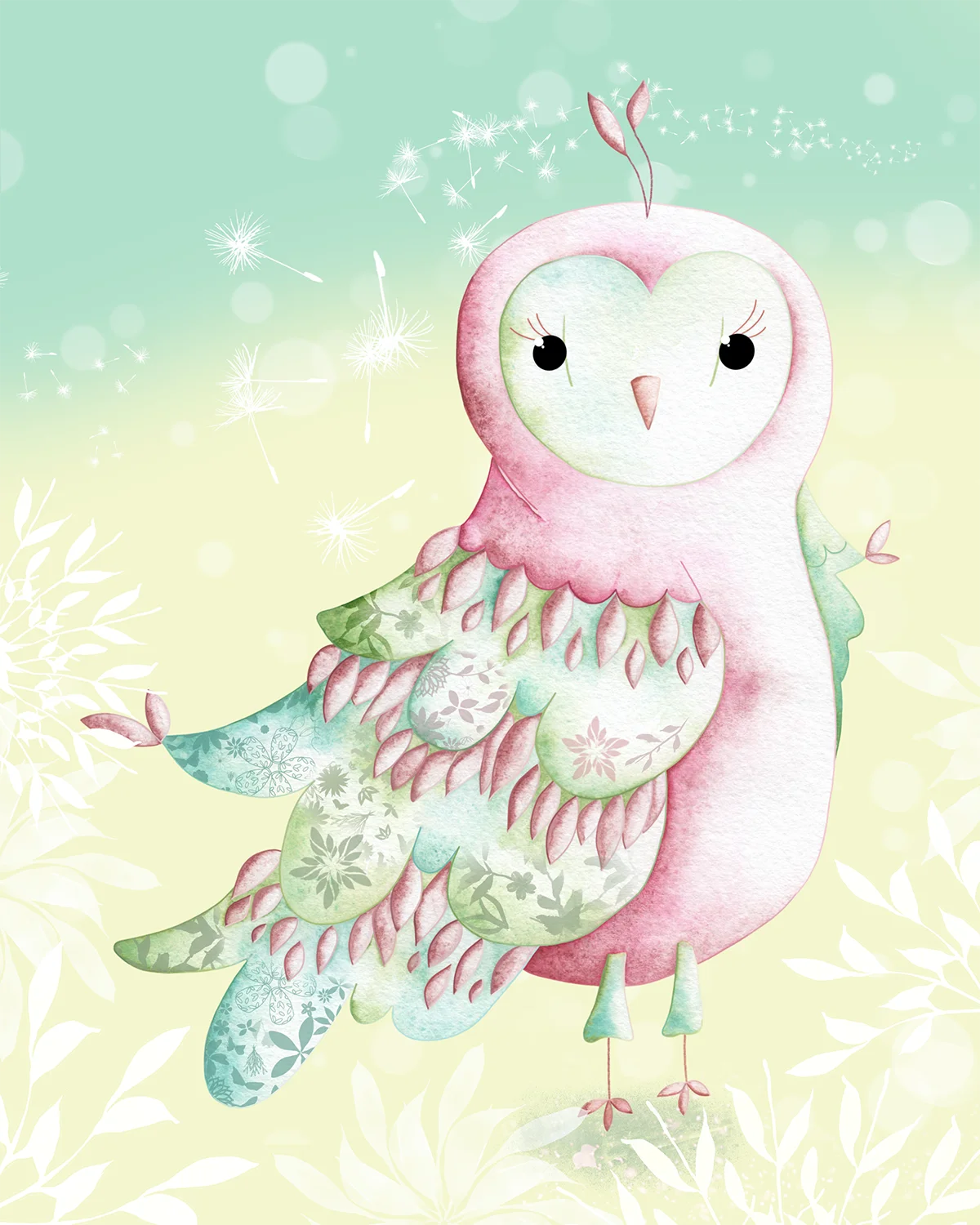 Whimsical Pastel Pink and Mint Green Owl Clipart with Delicate Watercolor Texture