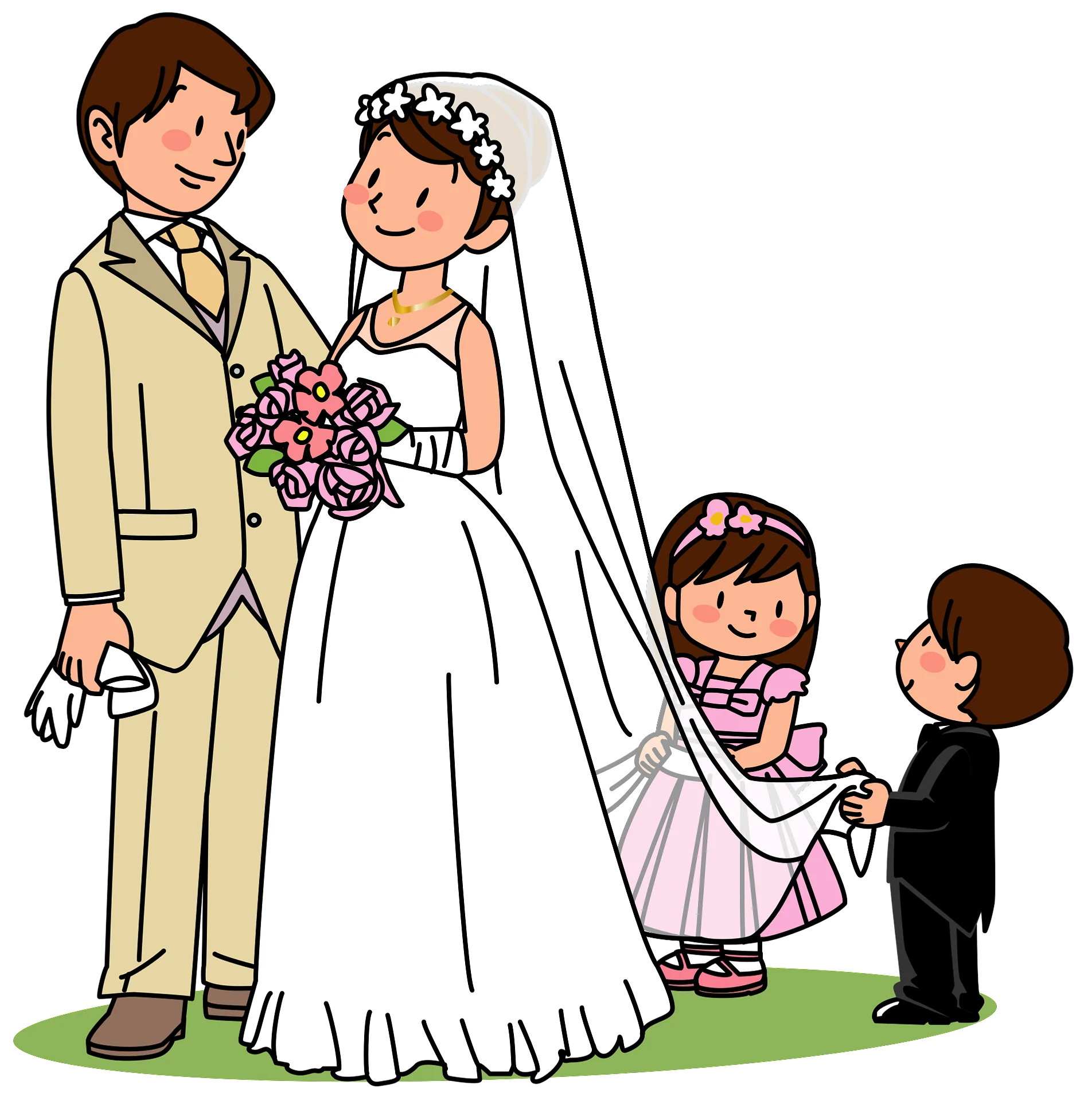 Charming Wedding Day Illustration Clipart Featuring Bride, Groom, and Adorable Children