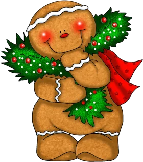 Cheerful Christmas Gingerbread Man Clipart with Festive Pine Garland and Red Scarf