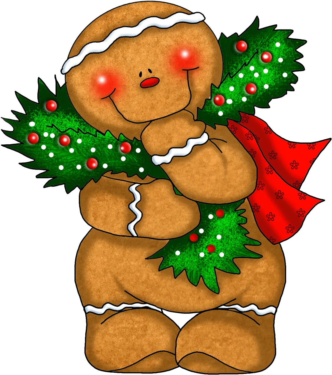Cheerful Christmas Gingerbread Man Clipart with Festive Pine Garland and Red Scarf