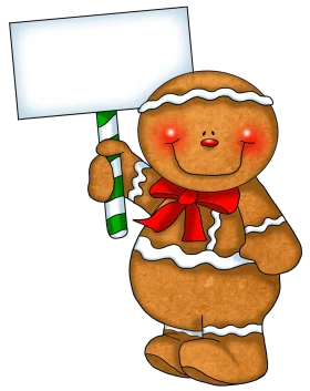 Cheerful Gingerbread Man Clipart Holding Blank Sign with Festive Red Bow