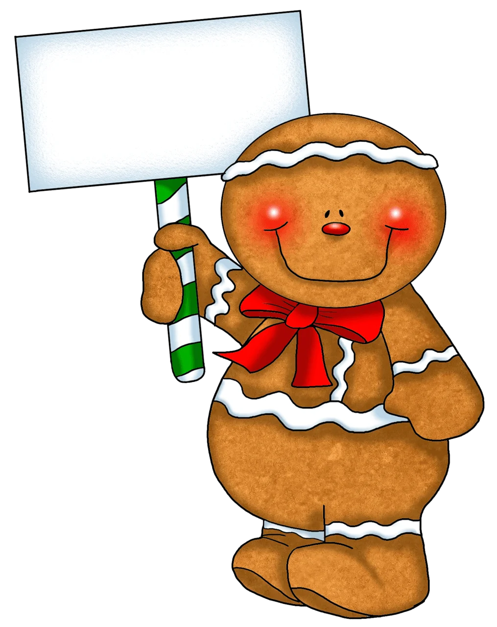 Cheerful Gingerbread Man Clipart Holding Blank Sign with Festive Red Bow