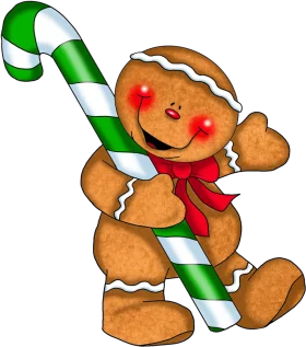 Cheerful Gingerbread Man Clipart Holding Green and White Candy Cane