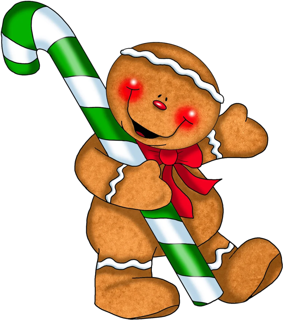 Cheerful Gingerbread Man Clipart Holding Green and White Candy Cane
