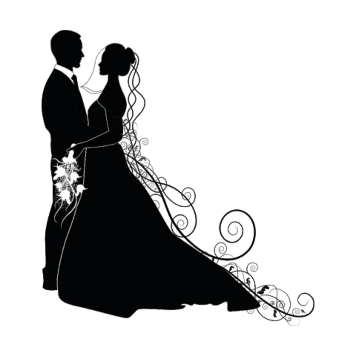 Elegant Black and White Wedding Silhouette Clipart - Romantic Embrace