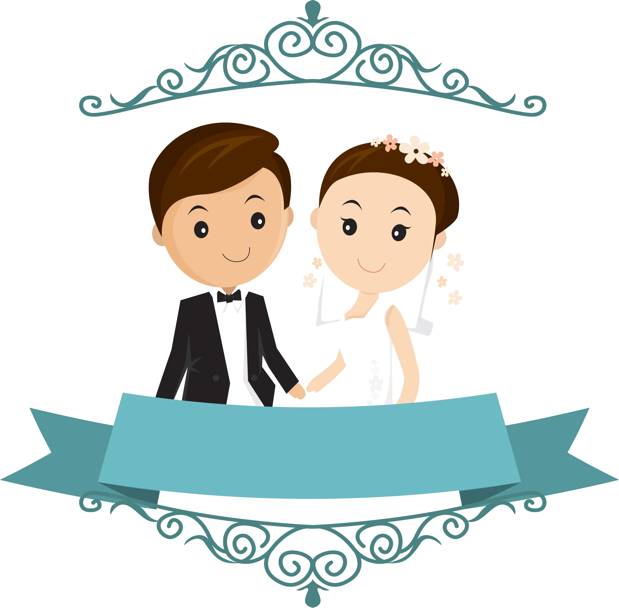 Elegant Minimalist Wedding Couple Clipart Design with Decorative Scrollwork