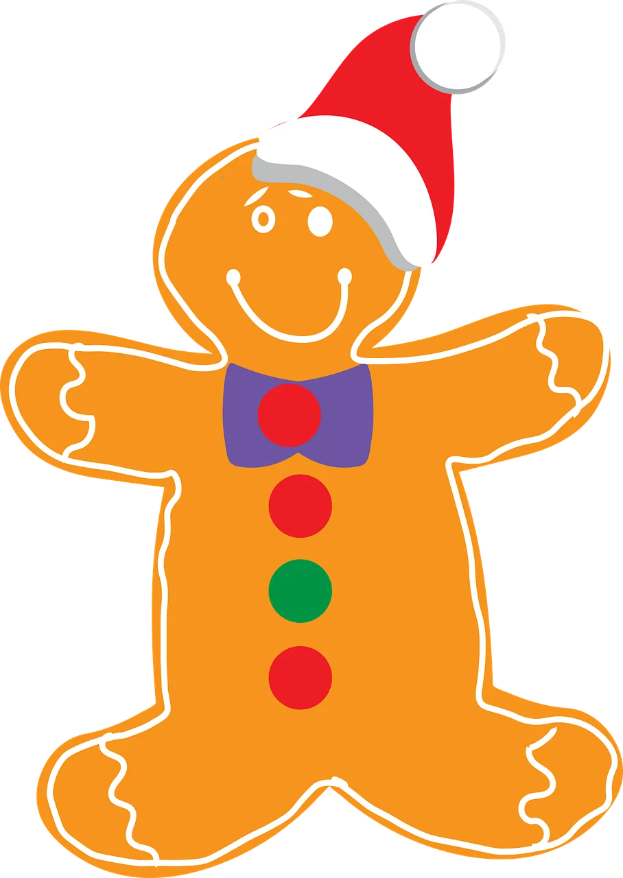 Festive Cheerful Gingerbread Man Christmas Clipart with Santa Hat and Colorful Buttons