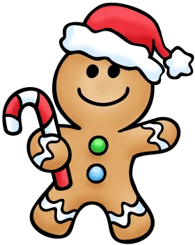 Festive Cheerful Gingerbread Man Clipart Wearing Santa Hat and Candy Cane