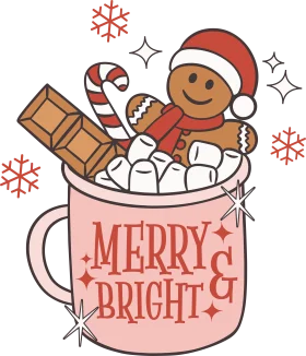 Festive Gingerbread Man and Hot Cocoa Merry & Bright Christmas Clipart Illustration