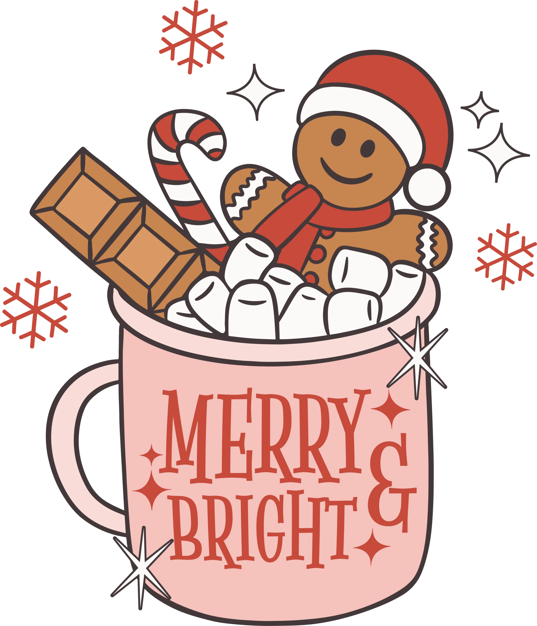 Festive Gingerbread Man and Hot Cocoa Merry & Bright Christmas Clipart Illustration