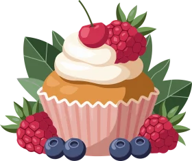 Delightful Raspberry Blueberry Topped Cupcake Clipart with Lush Green Leaves