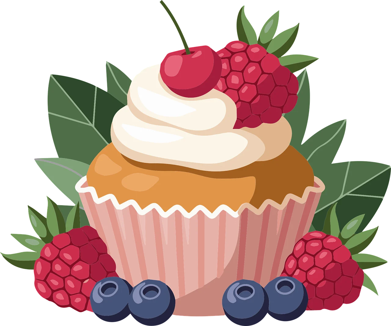 Delightful Raspberry Blueberry Topped Cupcake Clipart with Lush Green Leaves