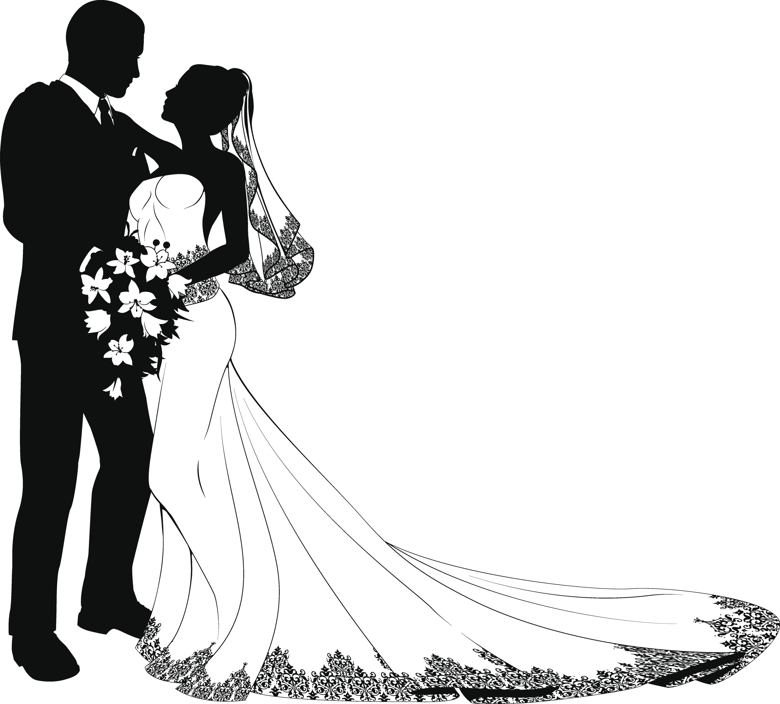Elegant Black and White Wedding Silhouette Clipart - Romantic Couple Embrace