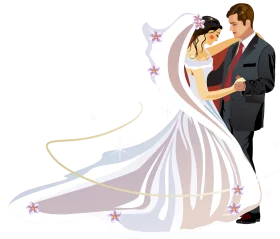 Elegant Wedding Couple Embracing in Romantic Stylized Clipart Illustration Design