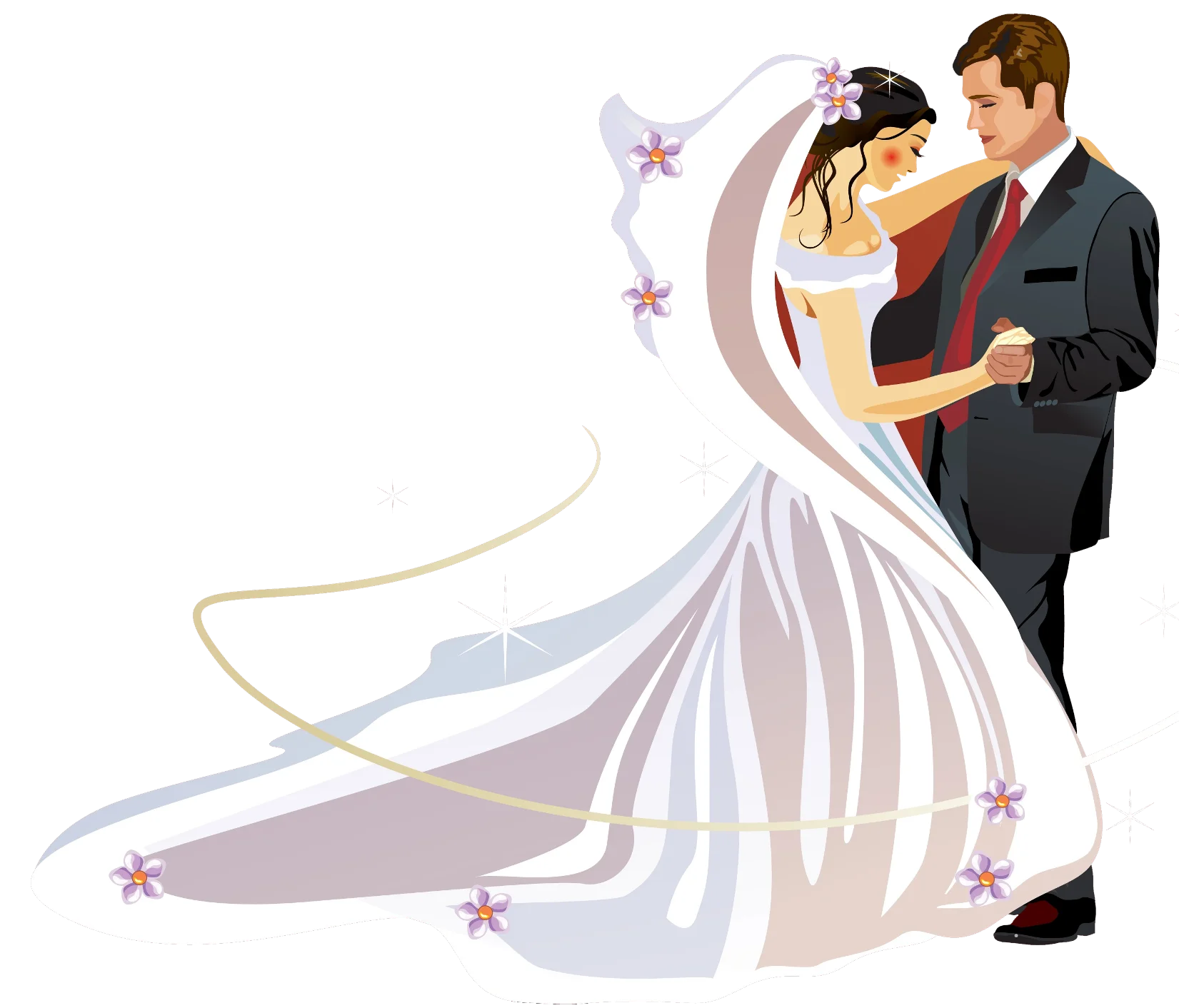 Elegant Wedding Couple Embracing in Romantic Stylized Clipart Illustration Design
