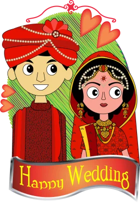 Traditional Indian Wedding Couple Clipart Illustration with Festive Attire and Celebration