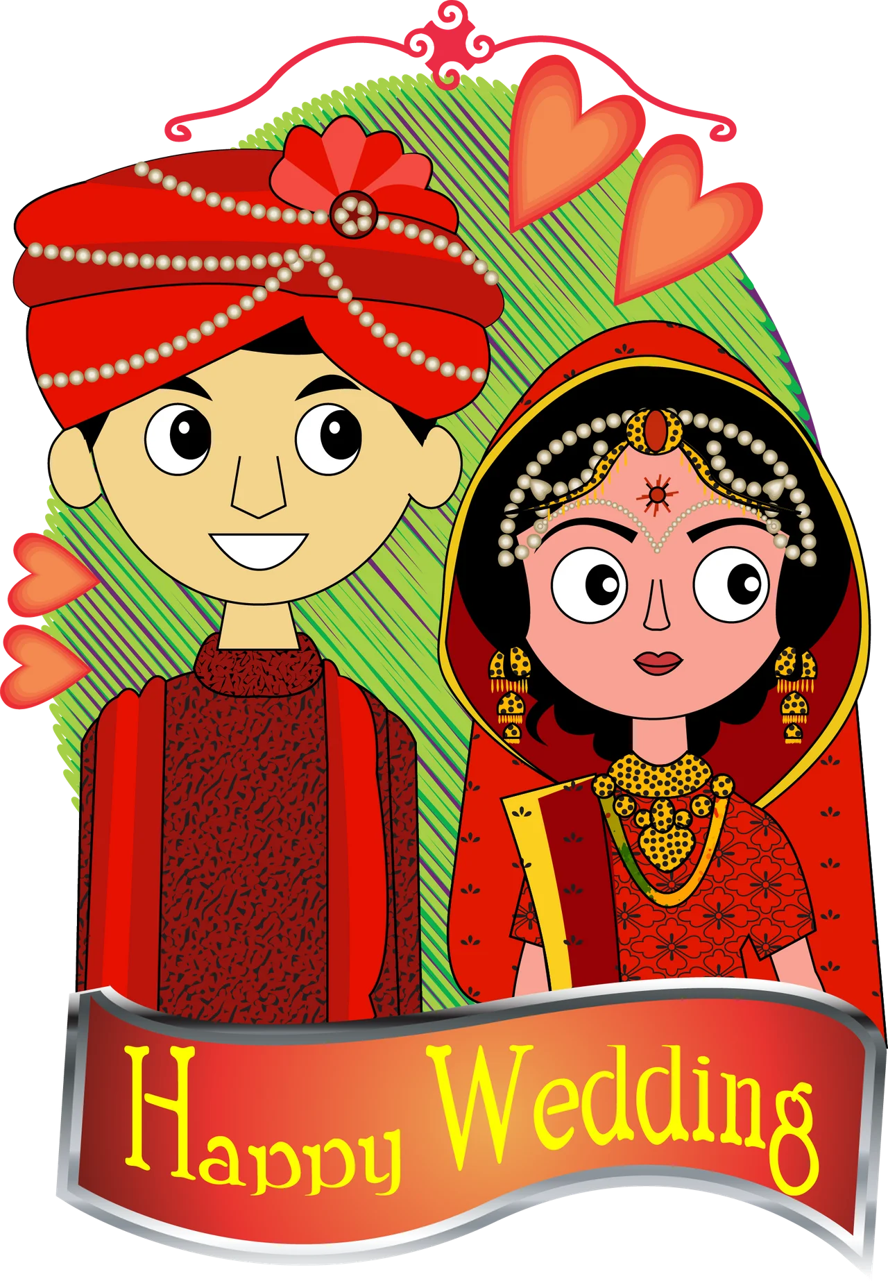 Traditional Indian Wedding Couple Clipart Illustration with Festive Attire and Celebration