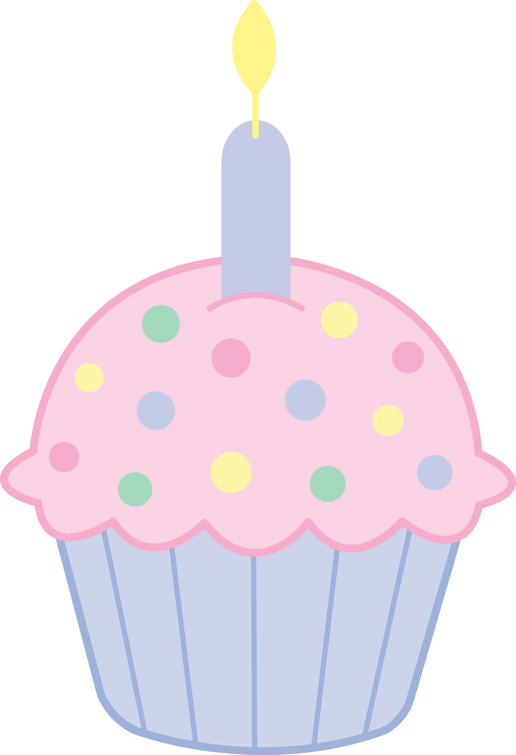 Whimsical Pastel Birthday Cupcake Clipart with Soft Color Palette and Lit Candle